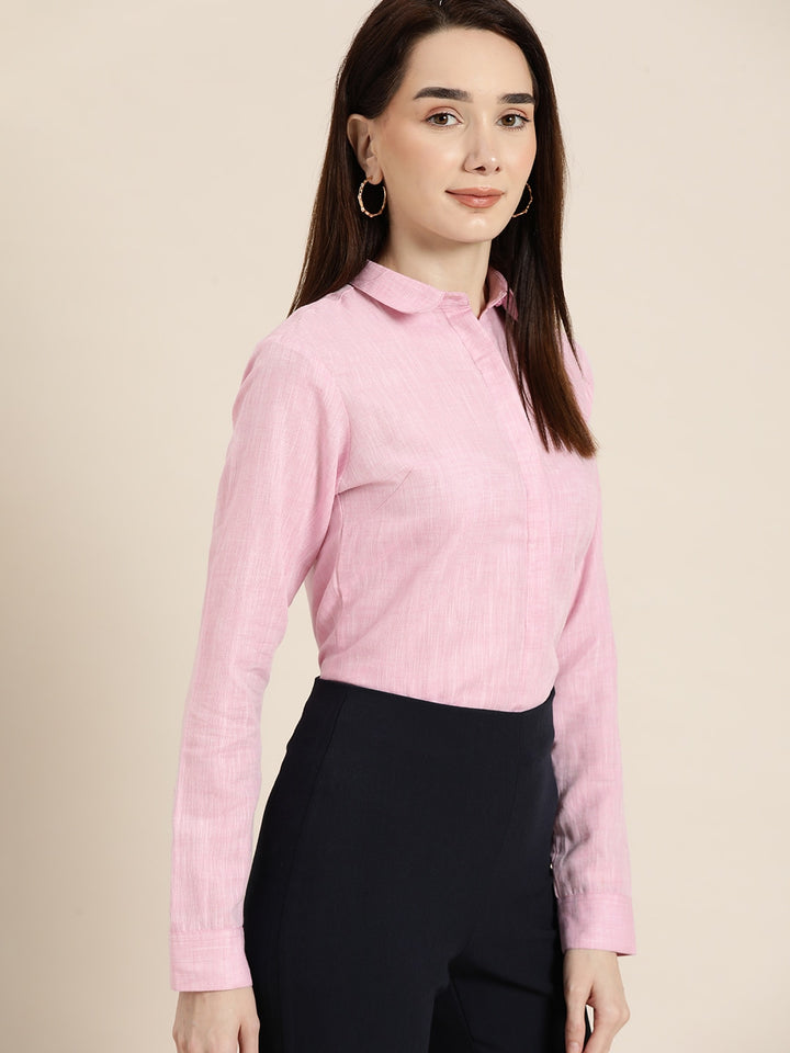 Women Pink Solid Linen Cotton Slim Fit Formal Shirt