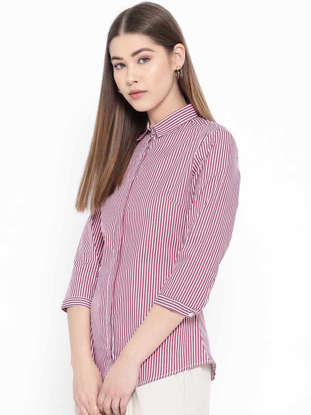 Women Red & white Pure Cotton Striped Slim Fit Formal Shirt