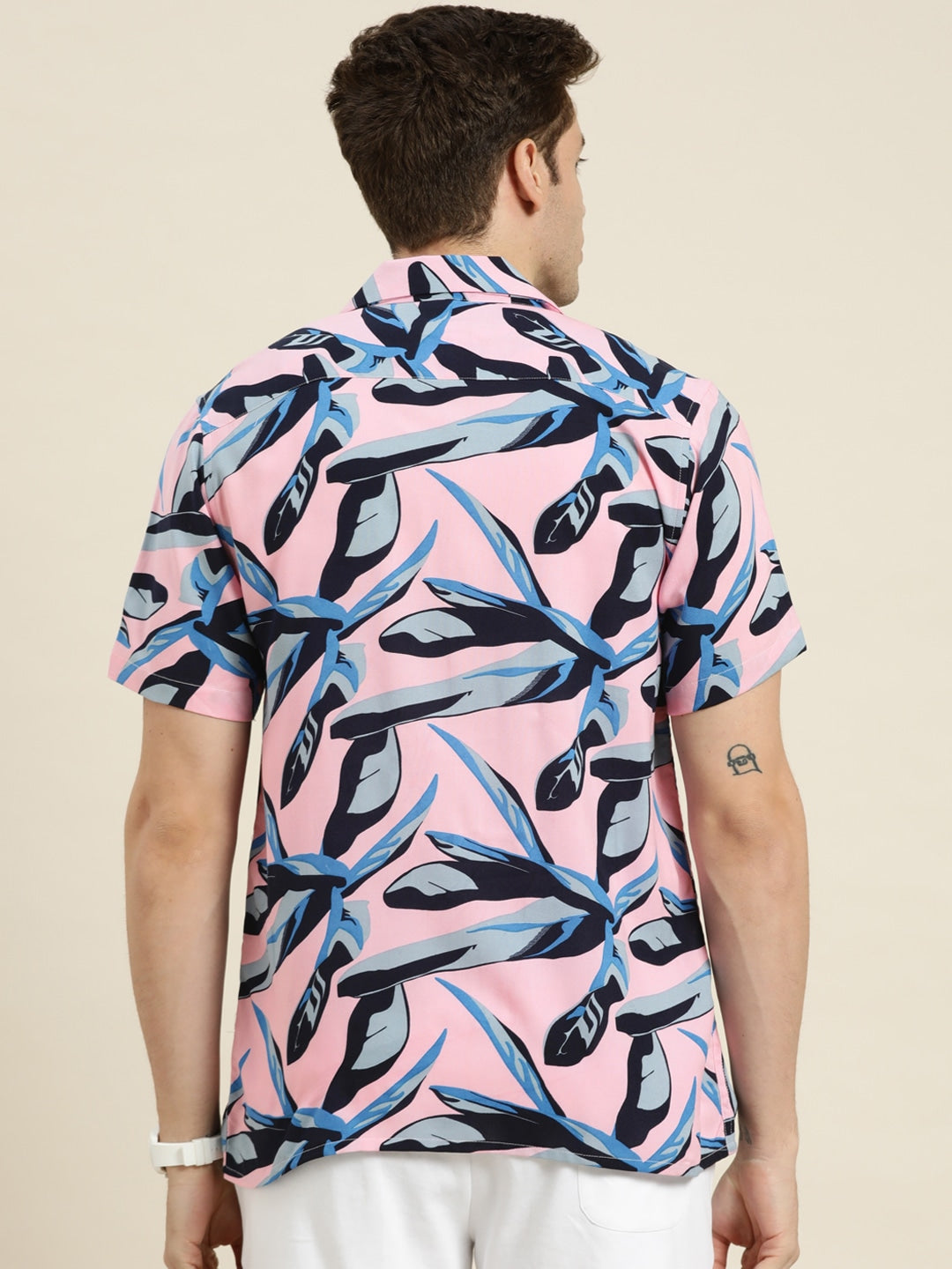 Men Pink-Navy Prints Viscose Rayon Relaxed Fit Casual Resort Shirt