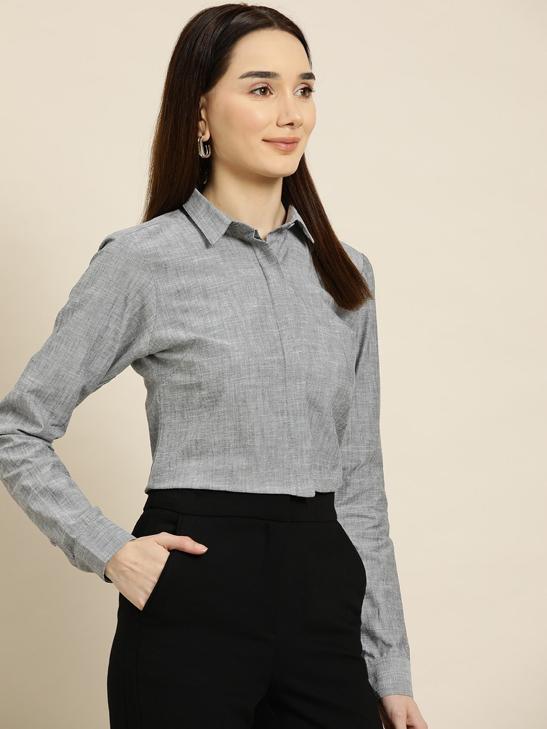 Women Grey Solids Pure Cotton Slim Fit Formal Shirt