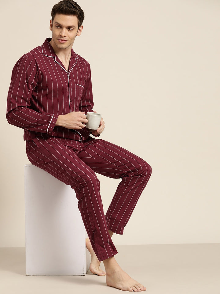 Men Maroon Stripes Pure Cotton Regular Fit Night Wear Night Suit