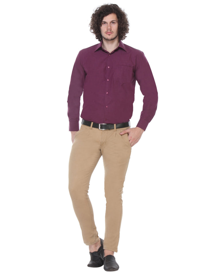 Men Wine Regular Fit Solid Chambray Pure Cotton Formal Shirt
