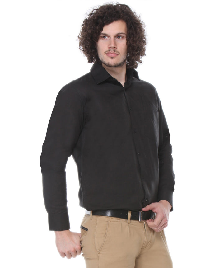 Men Black Regular Fit Solid Cotton Linen Formal Shirt