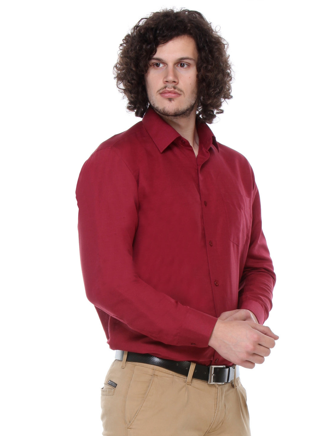Men Maroon Regular Fit Solid Plain Cotton Linen Formal Shirt
