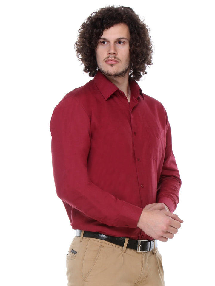 Men Maroon Regular Fit Solid Plain Cotton Linen Formal Shirt