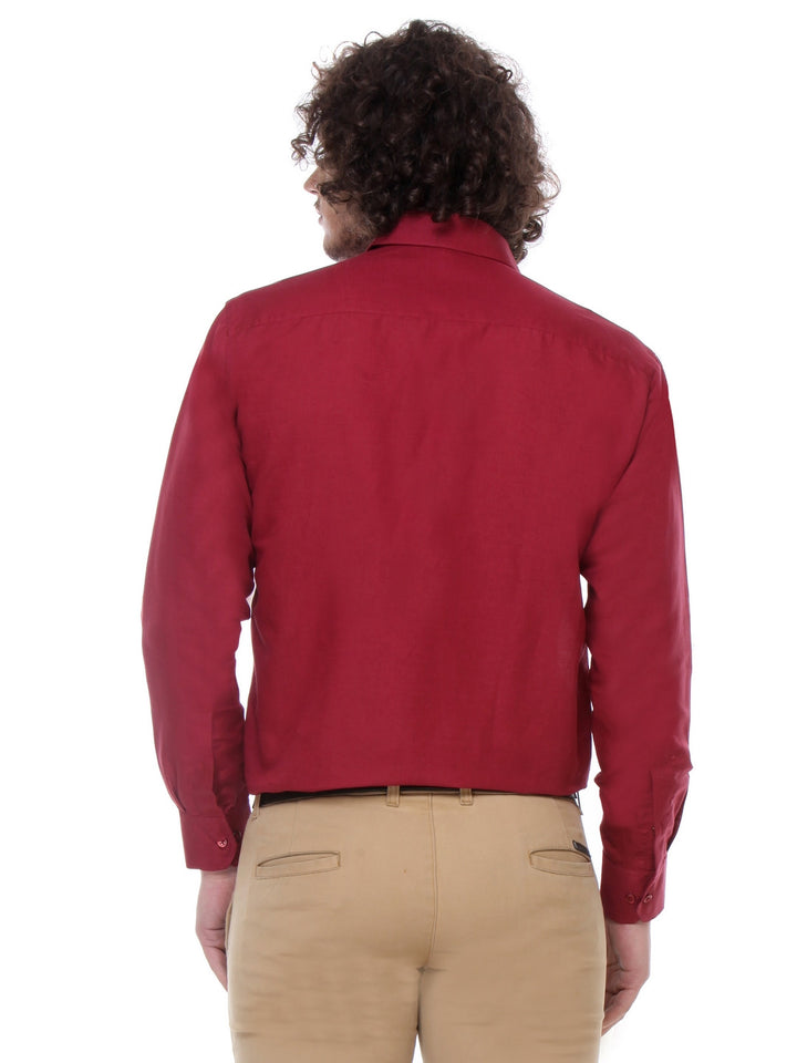 Men Maroon Regular Fit Solid Plain Cotton Linen Formal Shirt