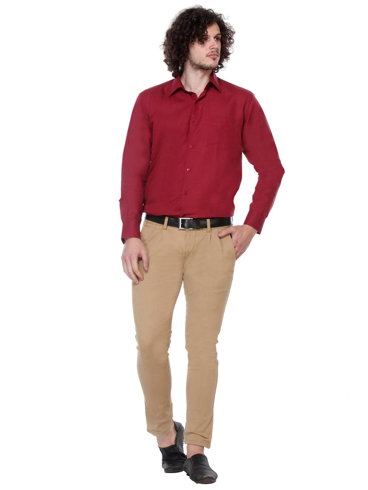Men Maroon Regular Fit Solid Plain Cotton Linen Formal Shirt