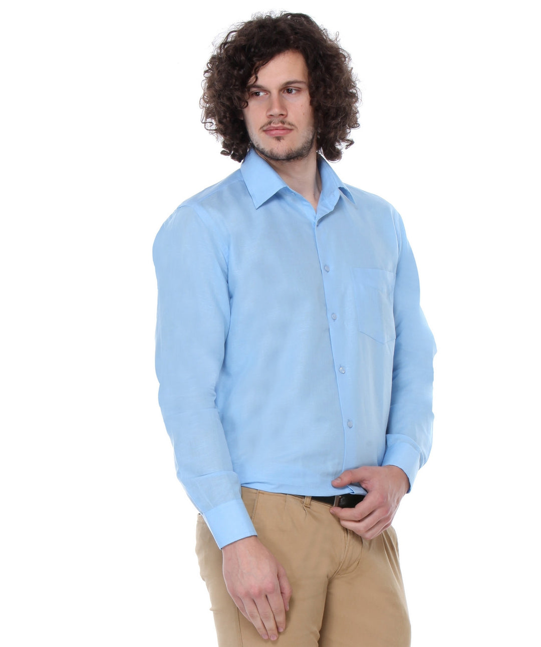 Men Sky Blue Regular Fit Solid Cotton Linen Formal Shirt