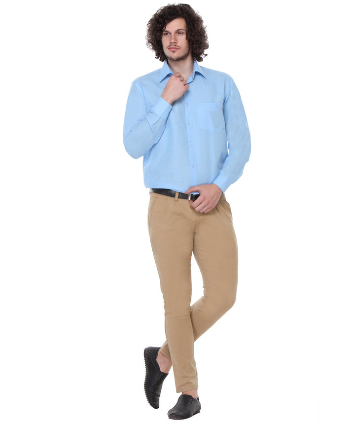 Men Sky Blue Regular Fit Solid Cotton Linen Formal Shirt