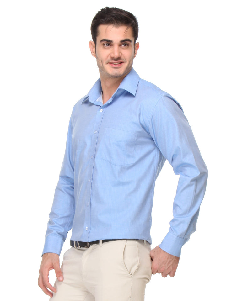 Men Blue Regular Fit Solid Herringbone Pure Cotton Formal Shirt