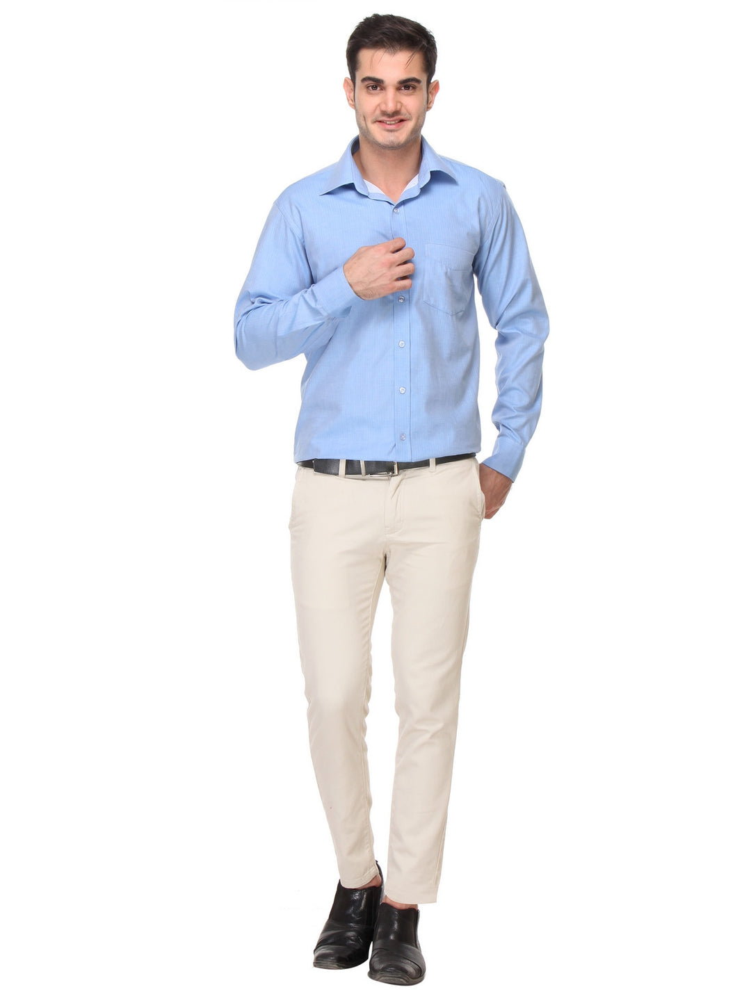Men Blue Regular Fit Solid Herringbone Pure Cotton Formal Shirt