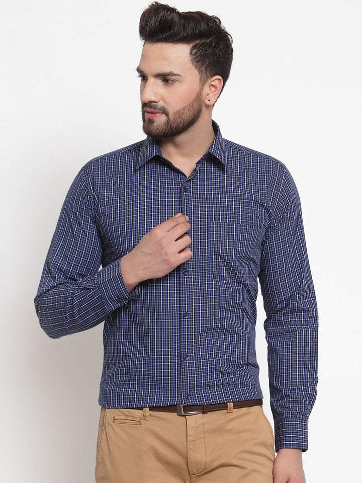 Men Navy Pure Cotton Checked Slim Fit Formal Shirt