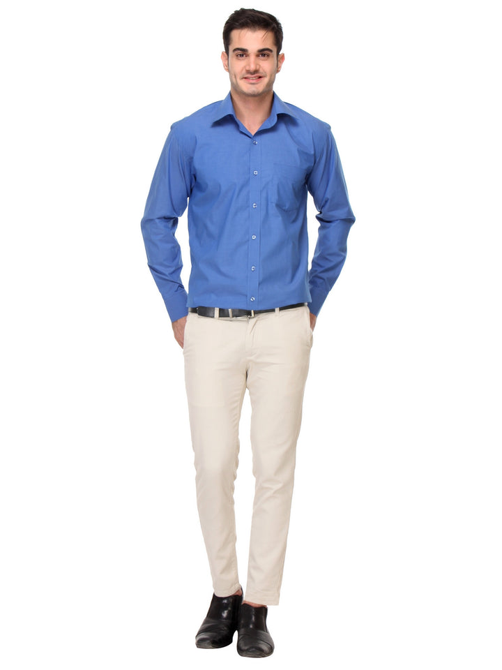 Men Royal Blue Regular Fit Solid Chambray Pure Cotton Formal Shirt