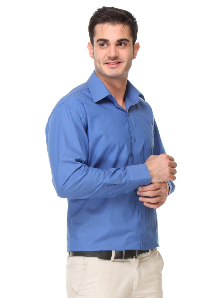 Men Royal Blue Regular Fit Solid Chambray Pure Cotton Formal Shirt
