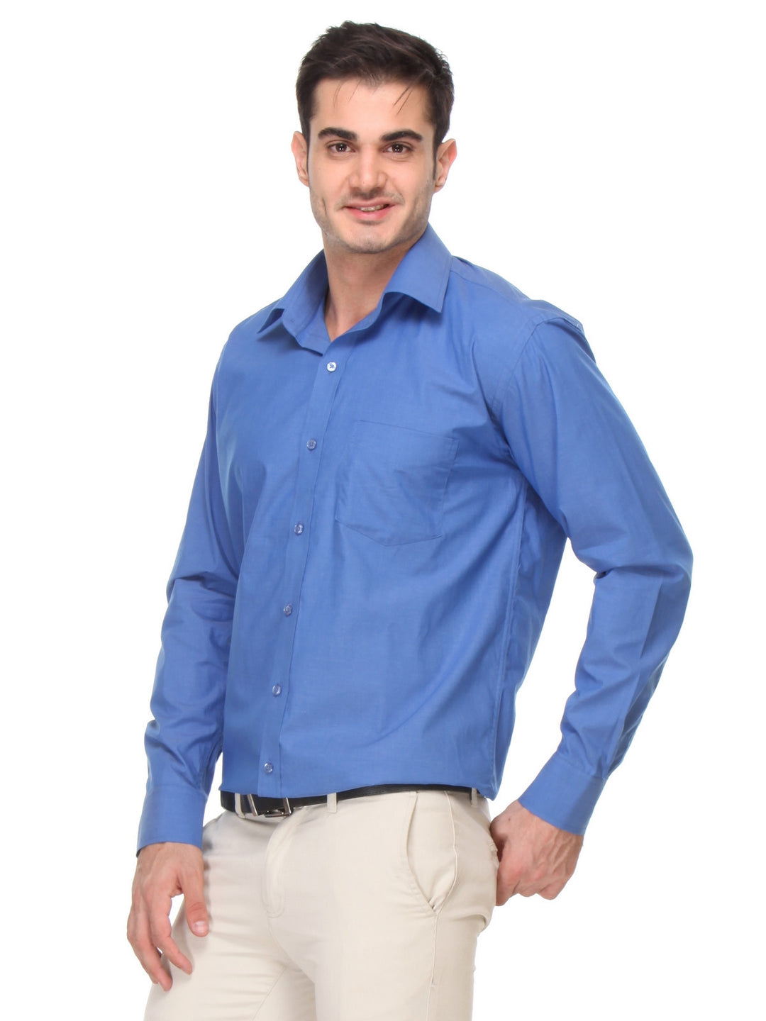 Men Royal Blue Regular Fit Solid Chambray Pure Cotton Formal Shirt