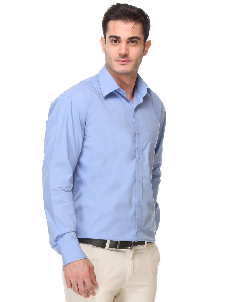 Men Sky Blue Regular Fit Solid Chambray Pure Cotton Formal Shirt