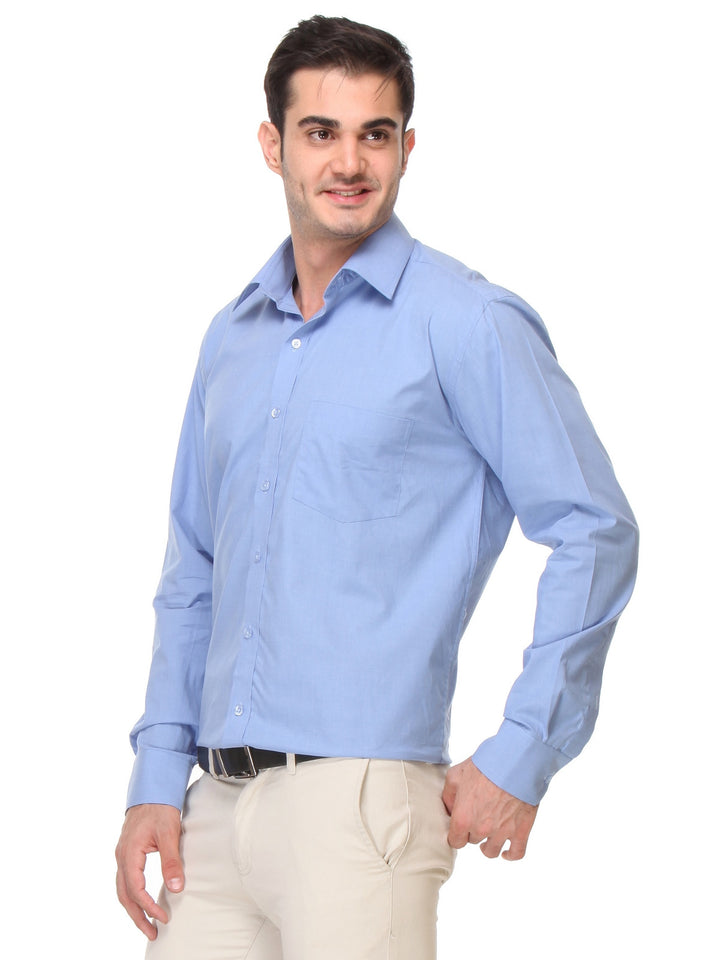 Men Sky Blue Regular Fit Solid Chambray Pure Cotton Formal Shirt