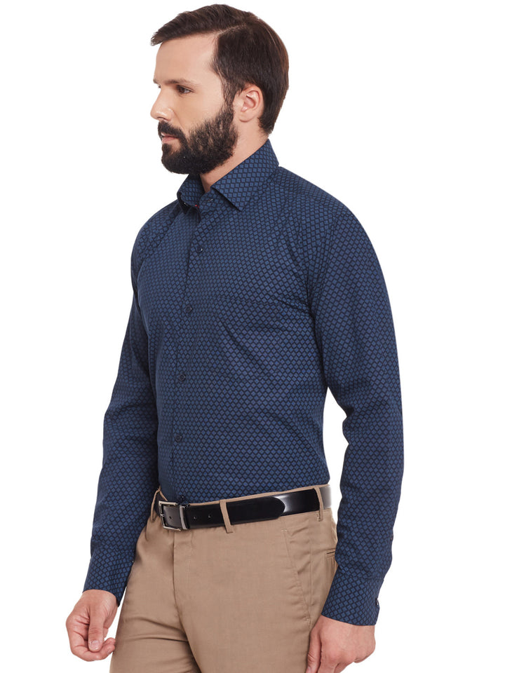 Men Navy Printed Pure Cotton Regular Fit Formal Shirt
