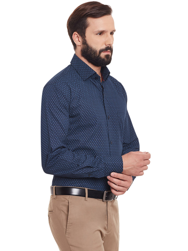 Men Navy Printed Pure Cotton Regular Fit Formal Shirt