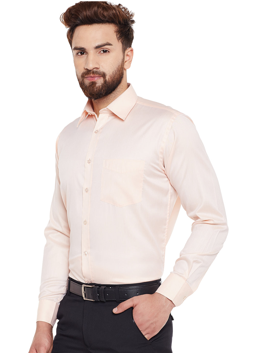 Men Peach Solid Regular Fit Formal Shirt