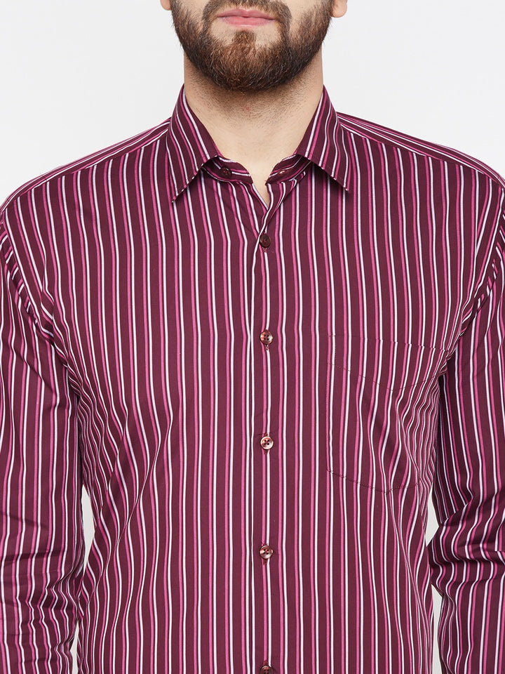 Men Maroon Stripes Pure Cotton Slim Fit Formal Shirt