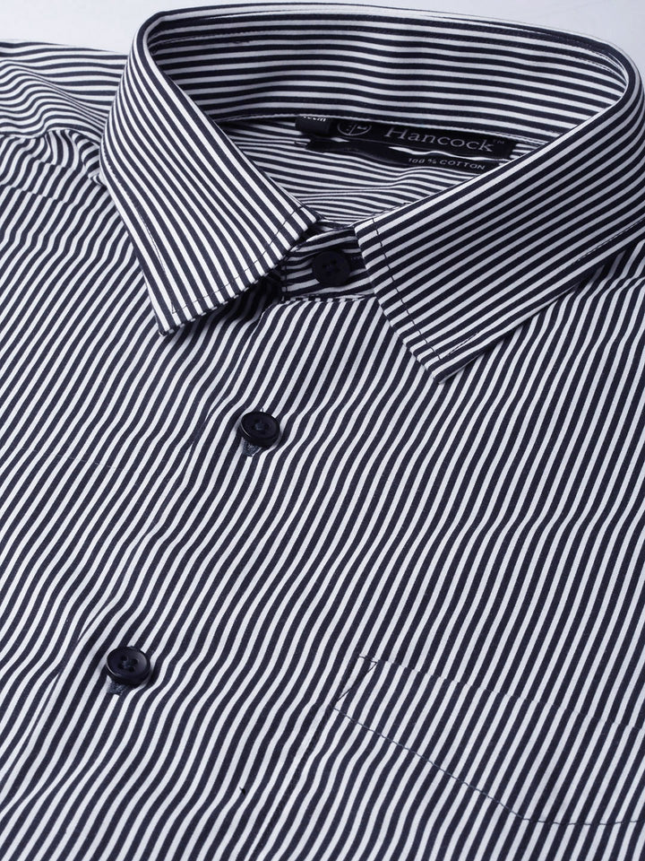 Men Navy & White Pure Cotton Striped Slim Fit Formal Shirt