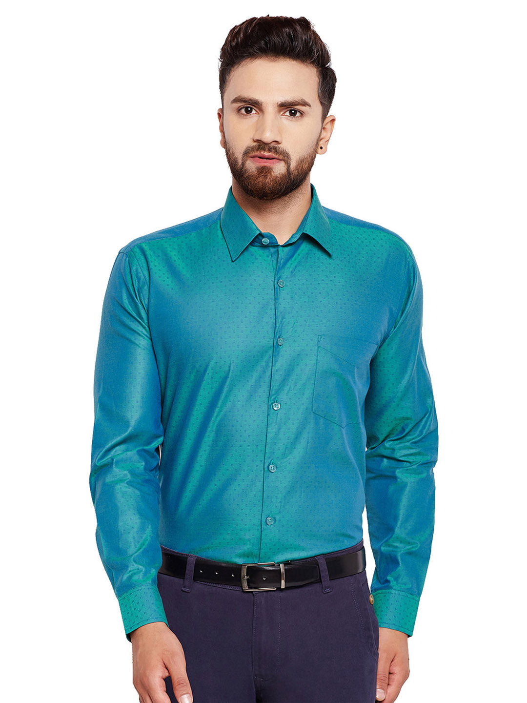Men Green Solid Regular Fit Pure Cotton Formal Shirt