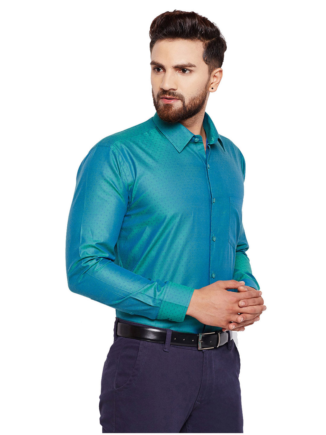 Men Green Solid Regular Fit Pure Cotton Formal Shirt