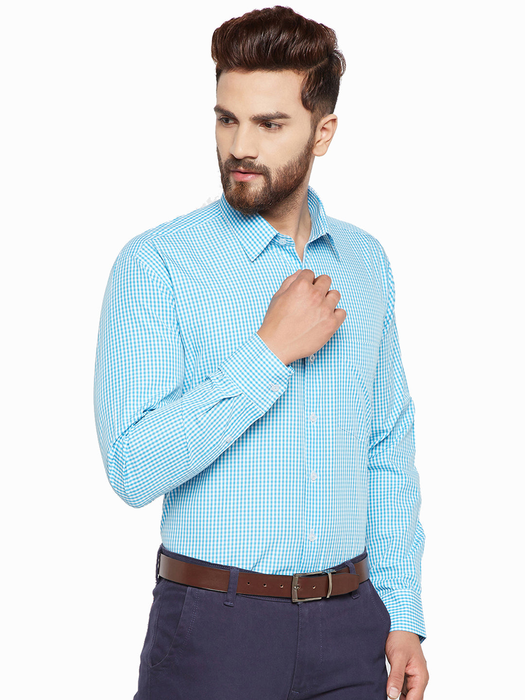 Men Turquoise Blue Checks Slim Fit Pure Cotton Formal Shirt