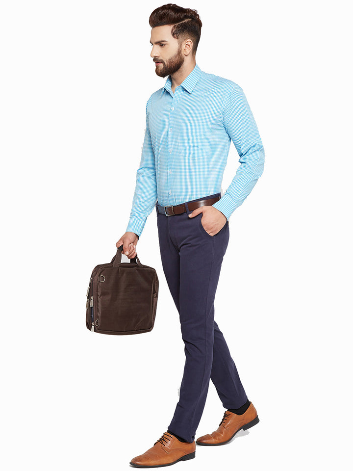 Men Turquoise Blue Checks Slim Fit Pure Cotton Formal Shirt