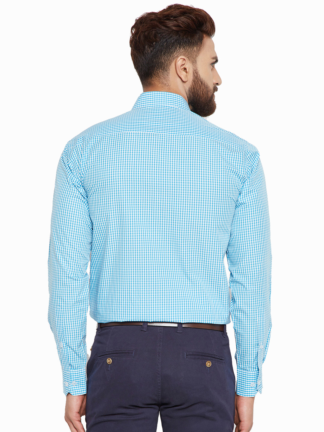 Men Turquoise Blue Checks Slim Fit Pure Cotton Formal Shirt