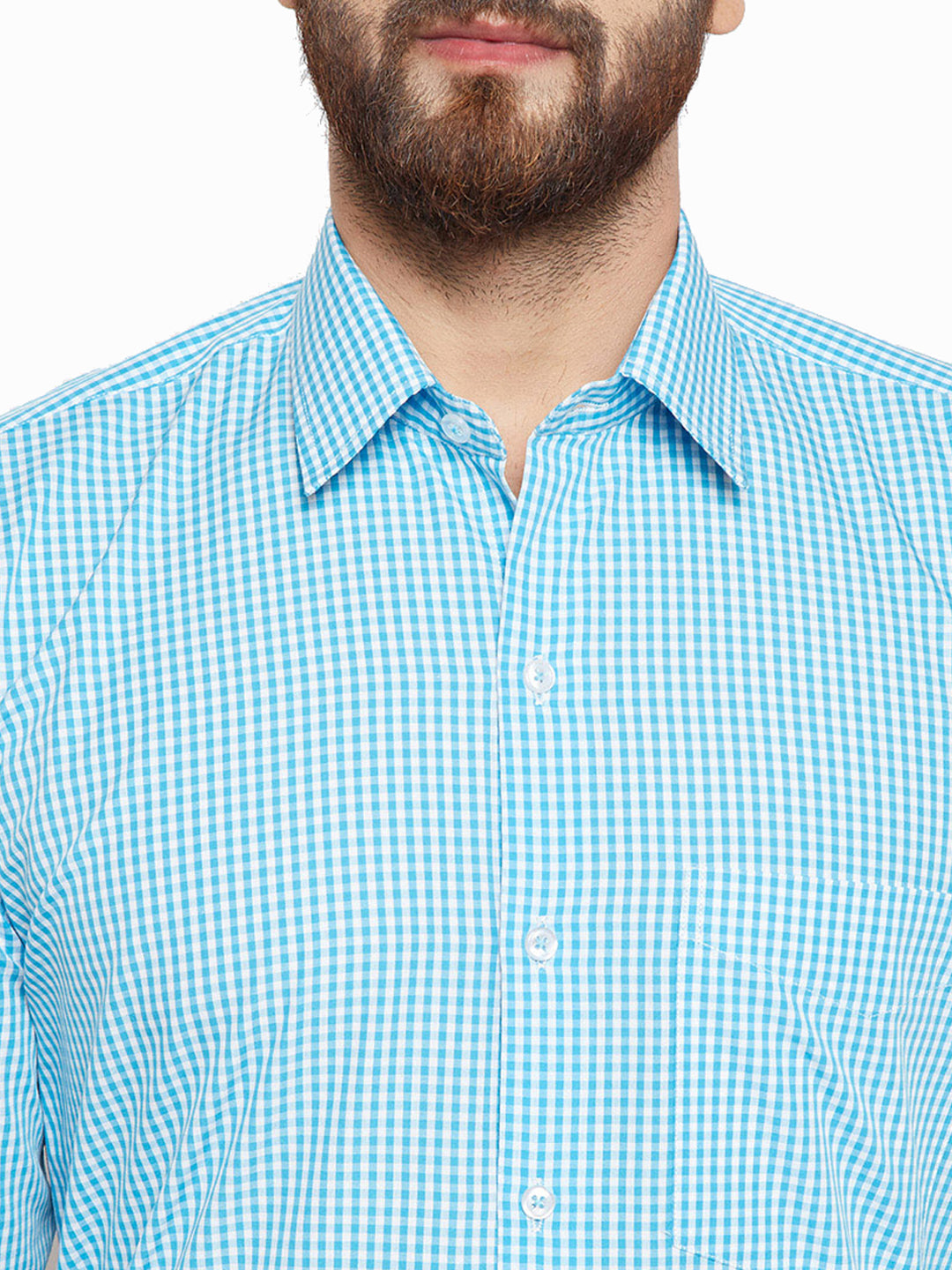 Men Turquoise Blue Checks Slim Fit Pure Cotton Formal Shirt