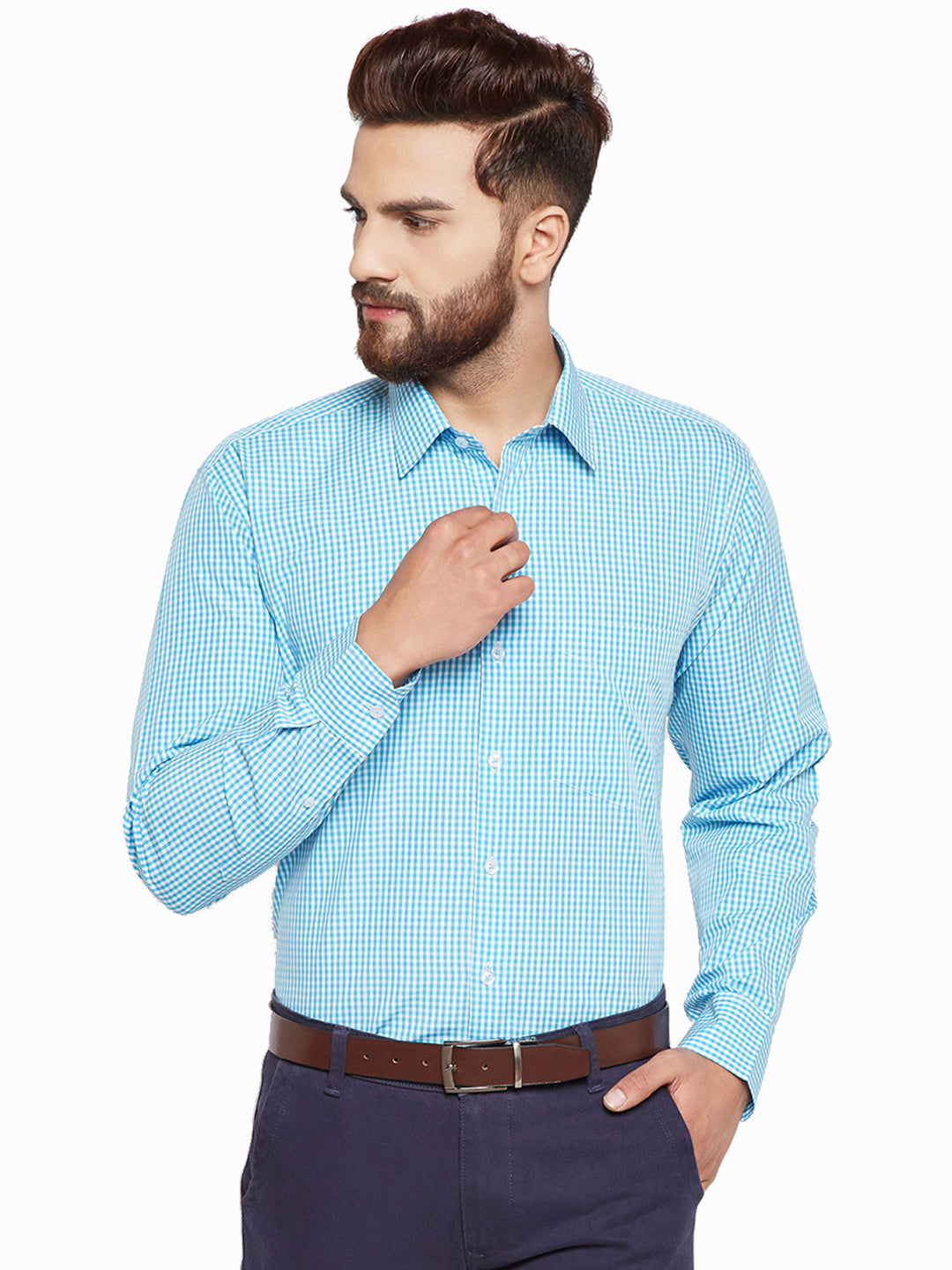 Men Turquoise Blue Checks Slim Fit Pure Cotton Formal Shirt