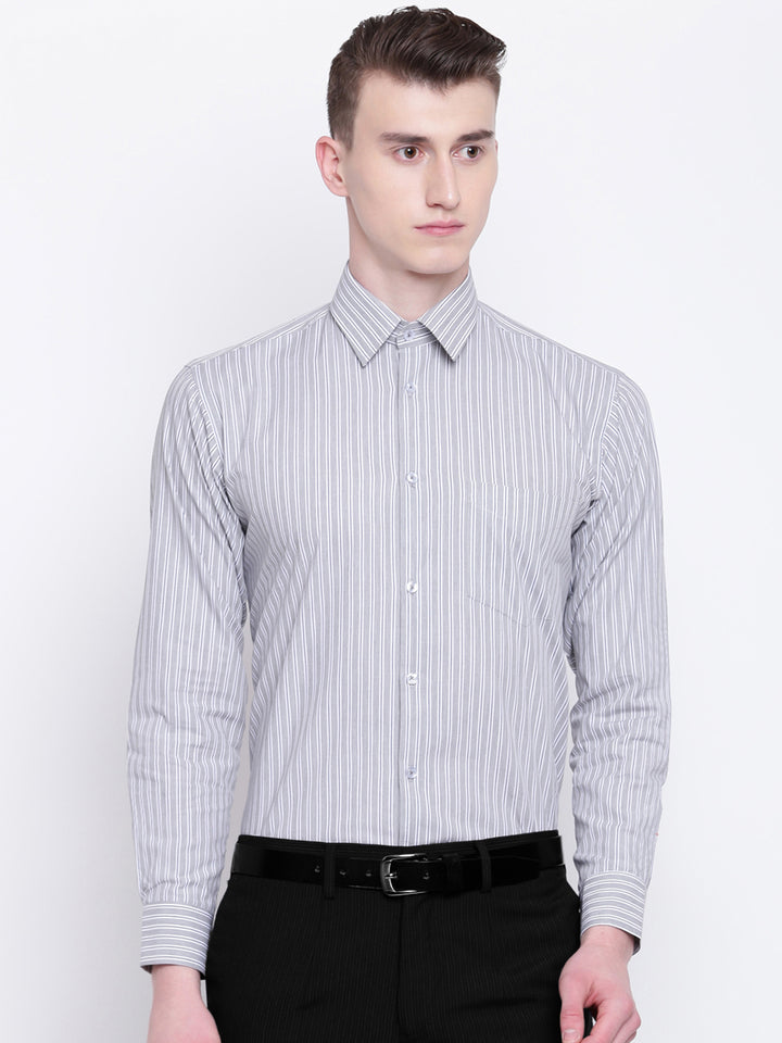 Men Grey Pure Cotton Stripes Slim Fit Formal Shirt