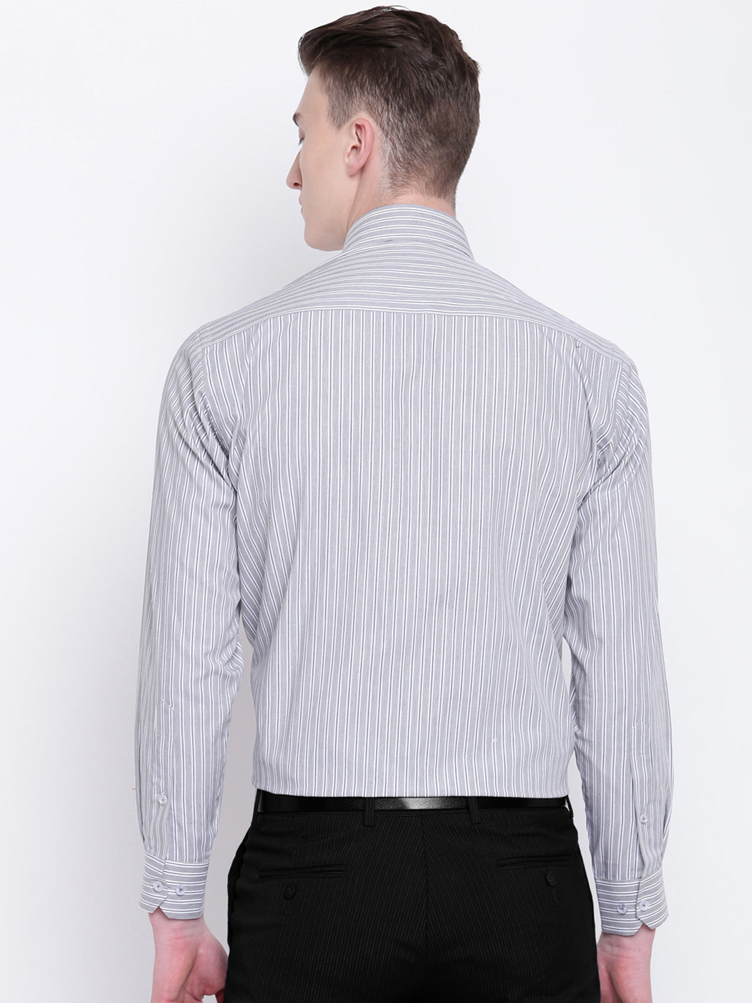 Men Grey Pure Cotton Stripes Slim Fit Formal Shirt