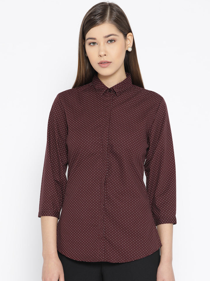 Women Maroon Pure Cotton Printed Slim Fit Formal Shirt
