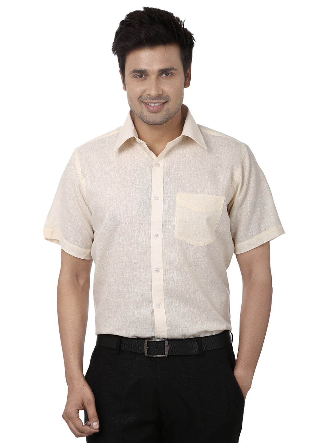 Men Cream Solid Cotton Rich Regular Fit Formal Shirt