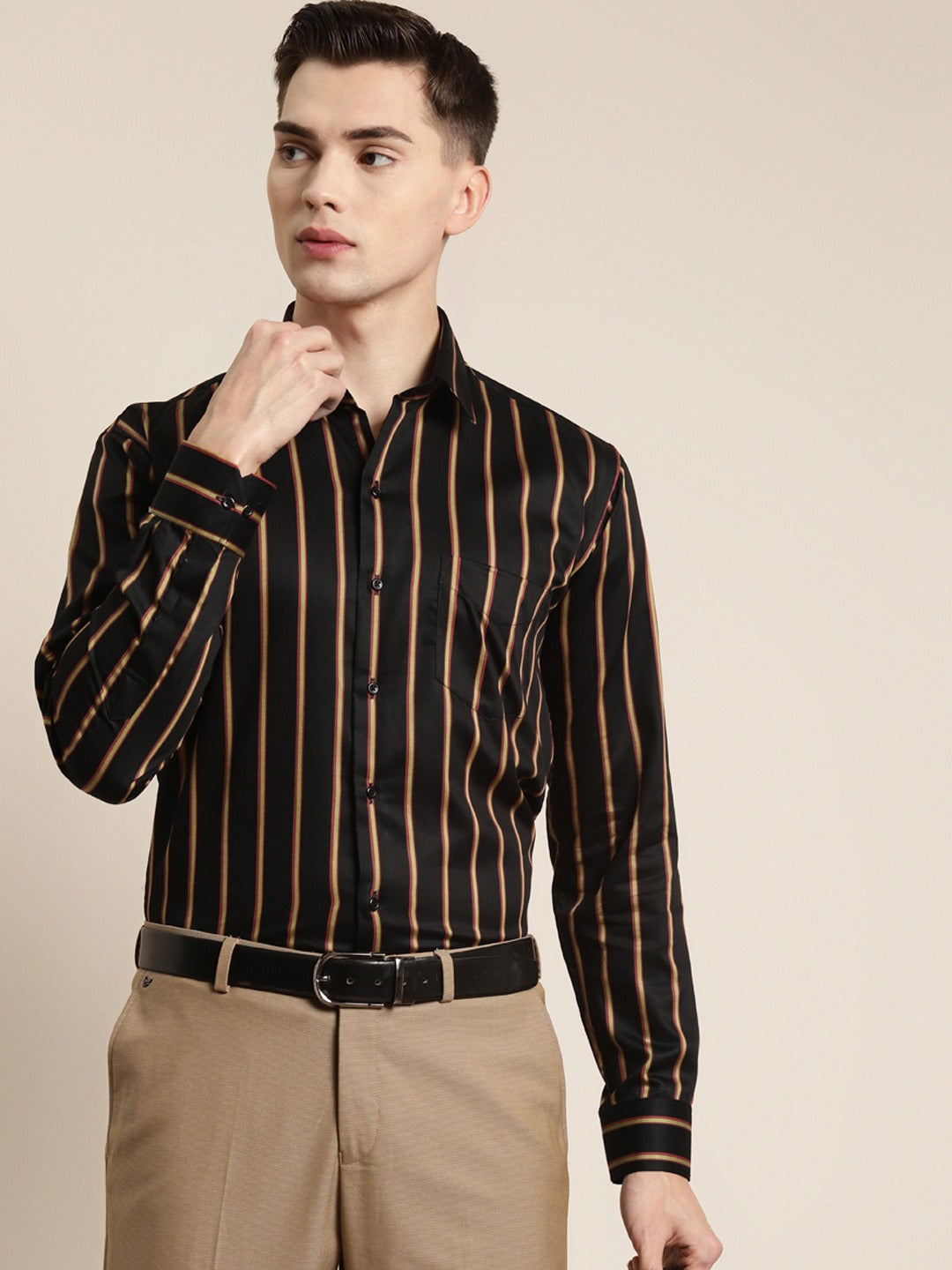 Men Black & Mustard Stripes Pure Cotton Slim Fit Formal Shirt