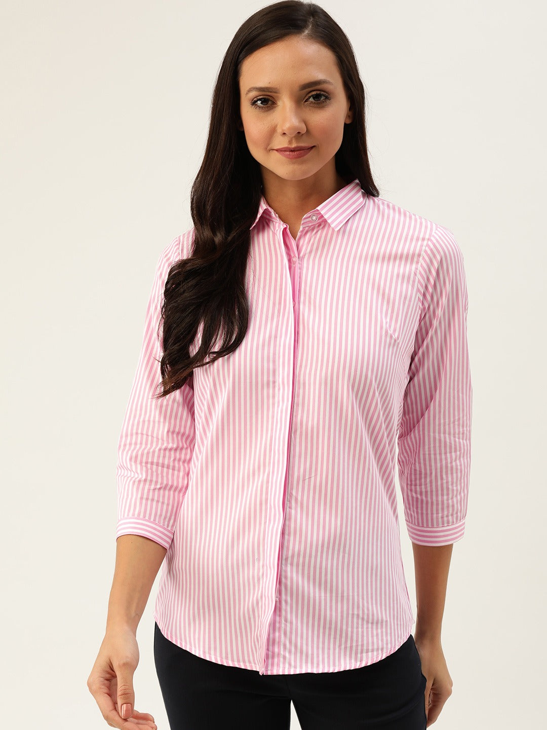 Women Pink & White Checks Pure Cotton Slim Fit Formal Shirt