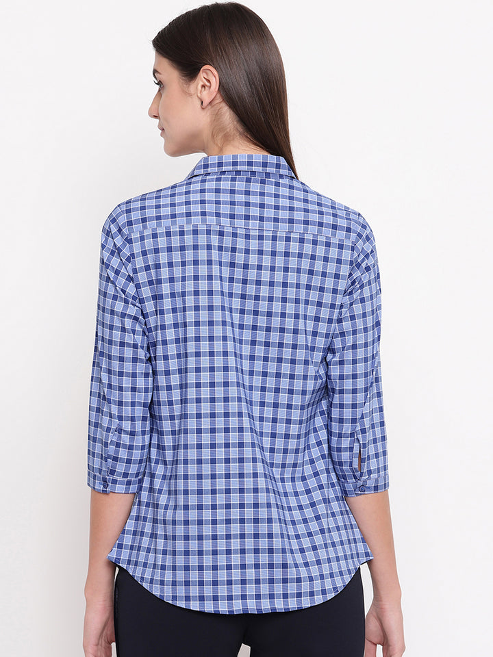 Women Blue & Navy Pure Cotton Checked Slim Fit Formal Shirt