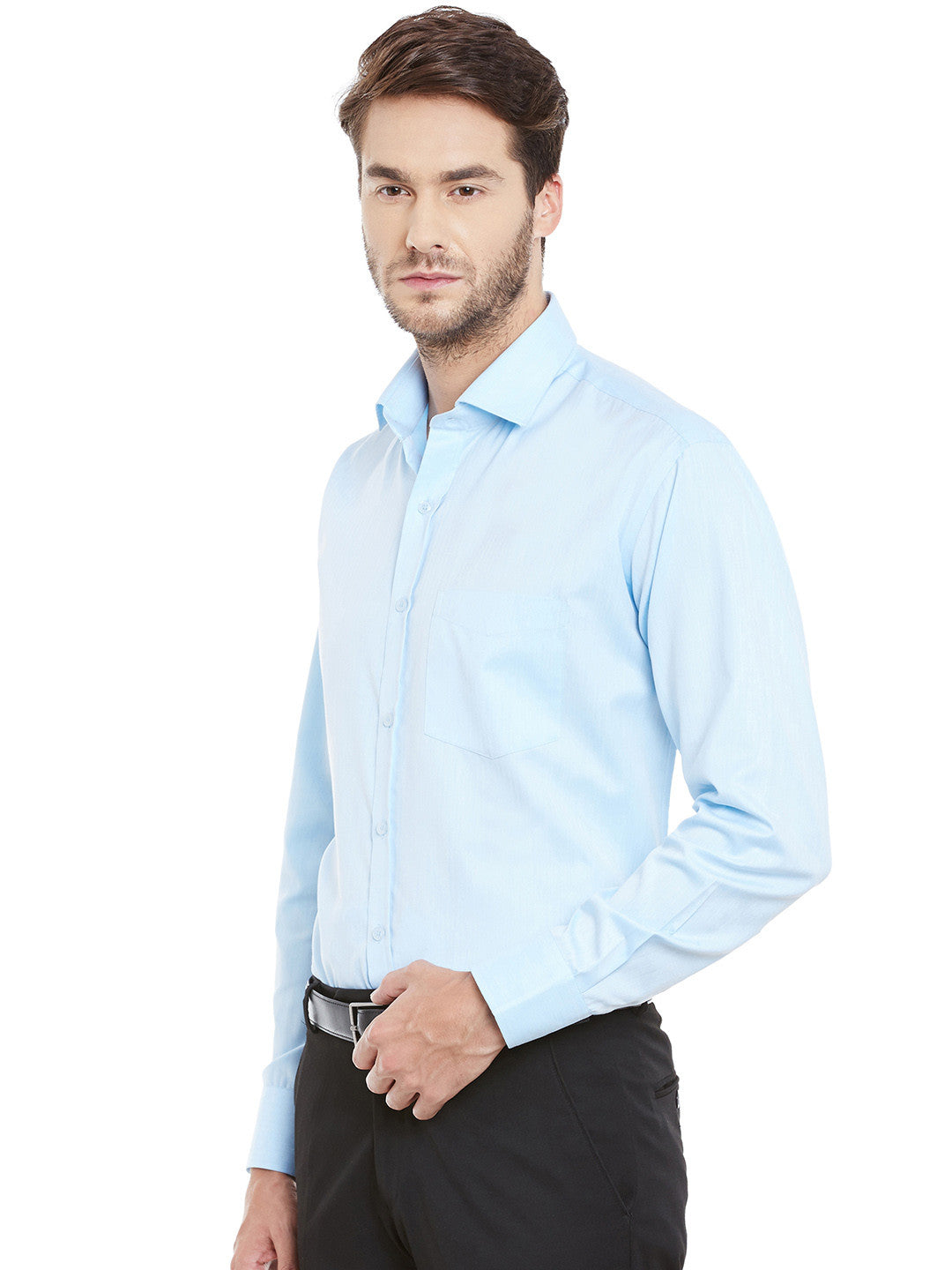 Men Sky Blue Solid Cotton Rich Regular Fit Formal Shirt