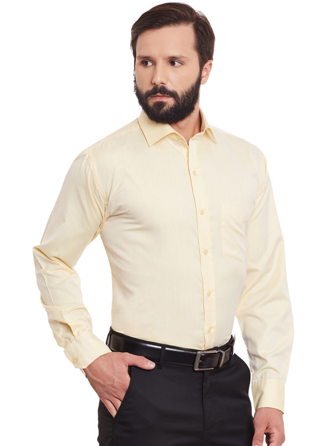 Men Yellow Solid Cotton Rich Regular Fit Formal Shirt