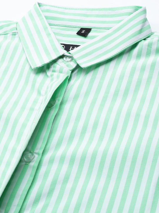 Women Light Green Striped Pure Cotton Slim Fit Formal Shirt
