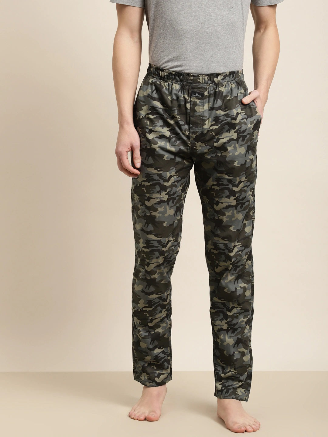 Men Grey-Olive Prints Pure Cotton Relaxed Fit Casual Lounge Pant