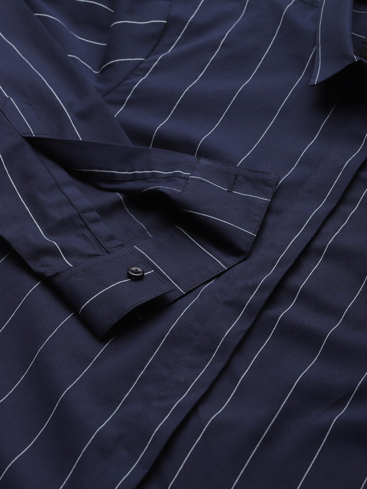 Women Navy Stripes Pure Cotton Slim Fit Formal Shirt