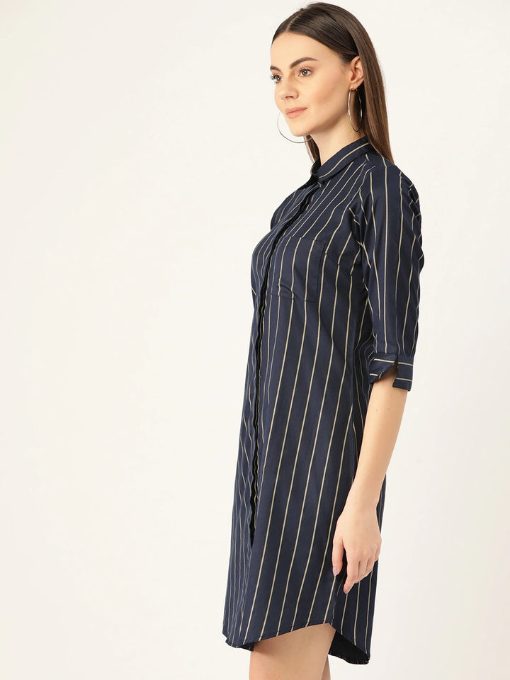 Women Navy Stripes Pure Cotton Regular Fit Formal Dress