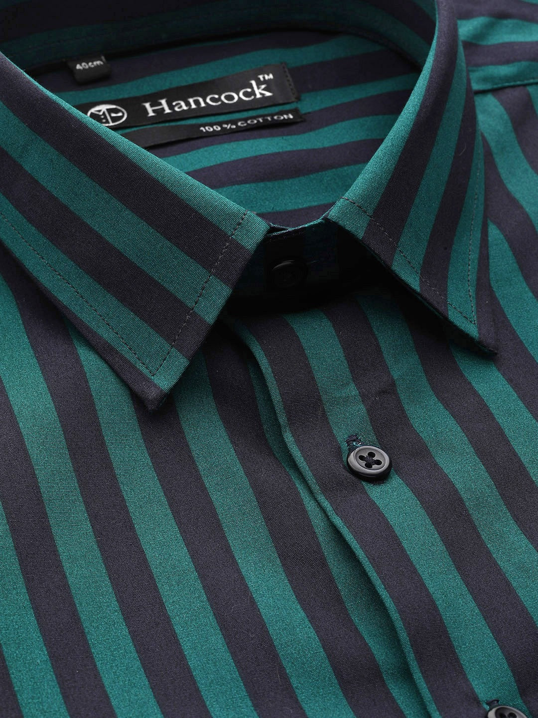 Men Green & Black Stripes Pure Cotton Slim Fit Formal Shirt