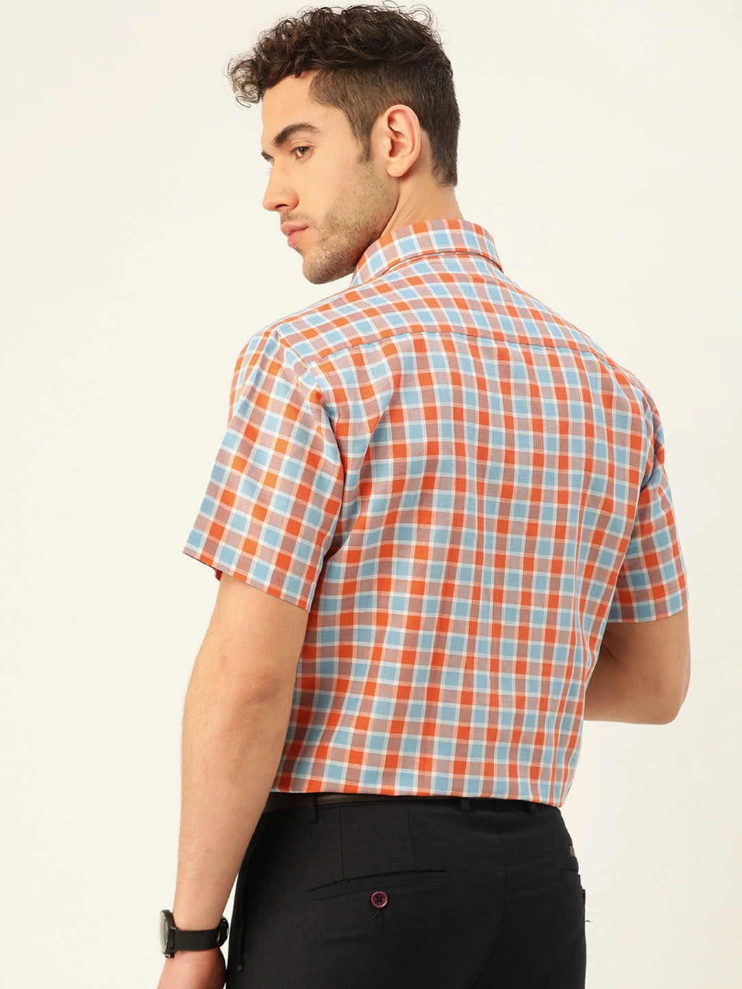 Men Orange & Blue Checks Linen Cotton Slim Fit Formal Shirt