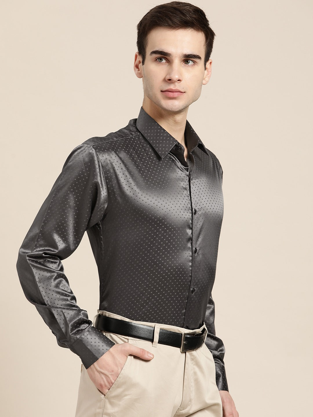 Men Grey Solid Self Design Polyester Satin Slim Fit Party Formal Shirt