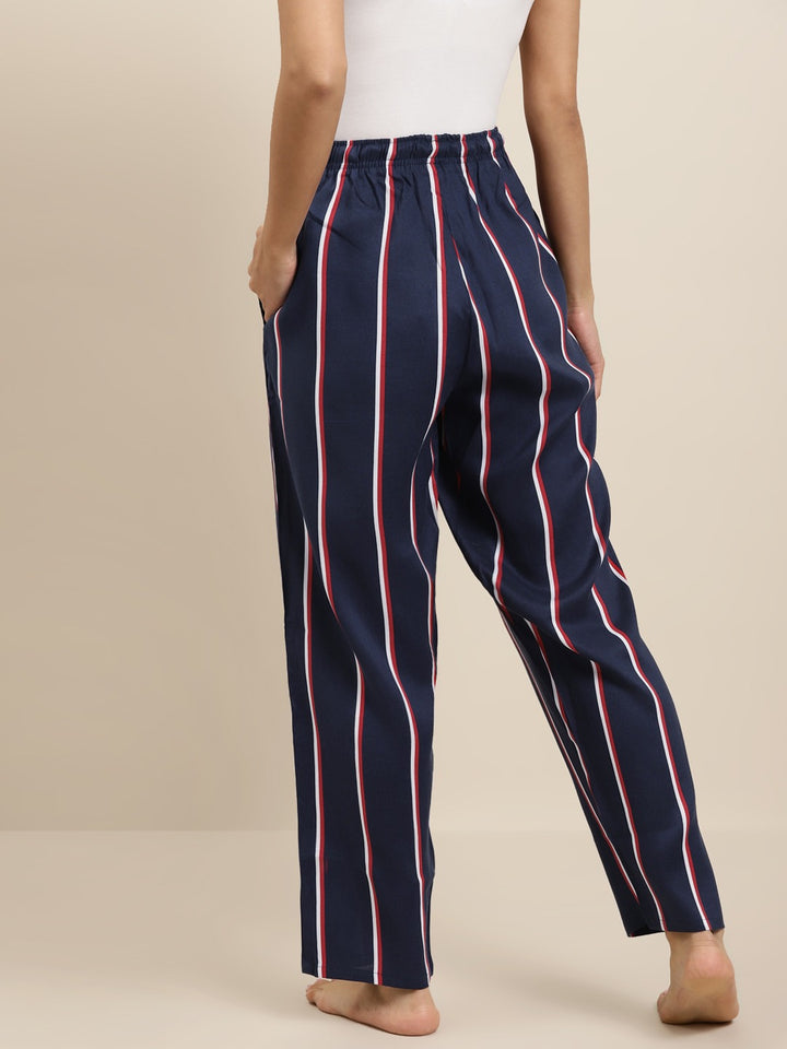 Women Navy Stripes Viscose Rayon Relaxed Fit Casual Lounge Pant